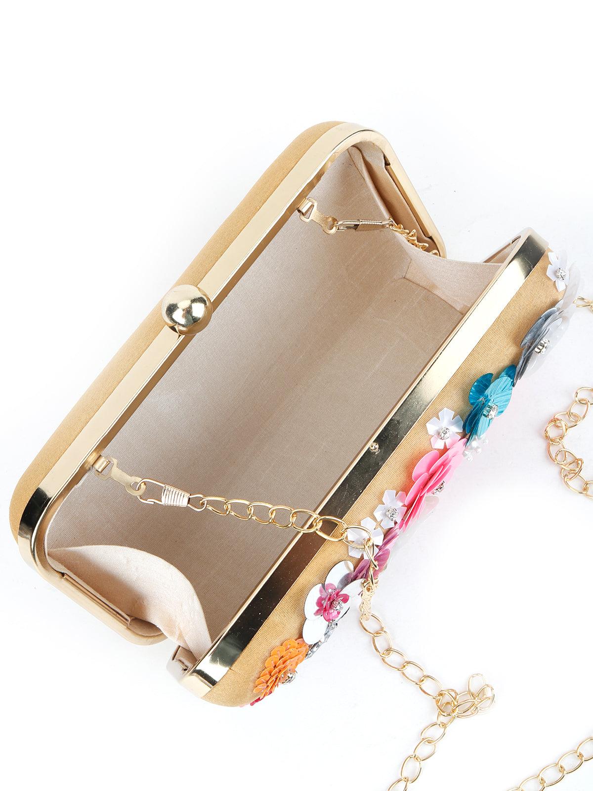 Odette Women Yellow Floral Embellished Sequin Multicolour Clutch - Image 5
