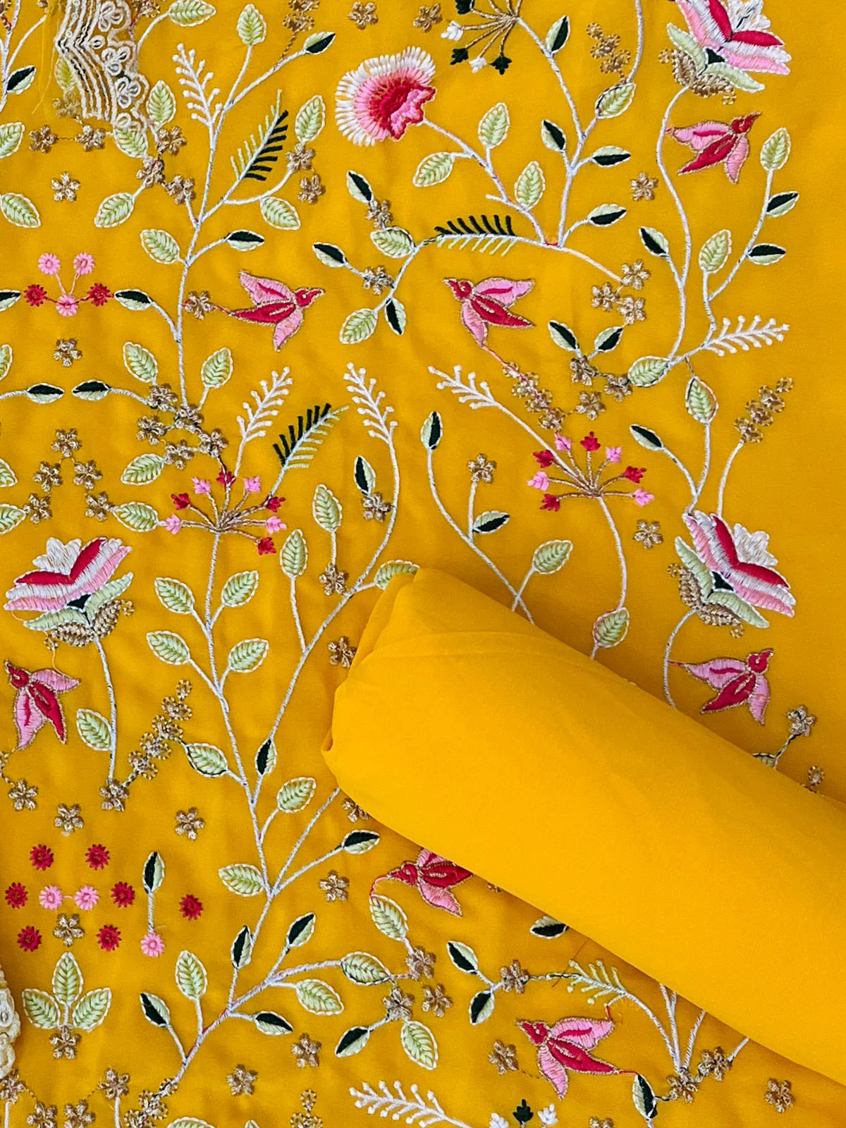 Odette Women Yellow Floral Sequence Embroidered Georgette Unstitched Sharara Suit - Image 3