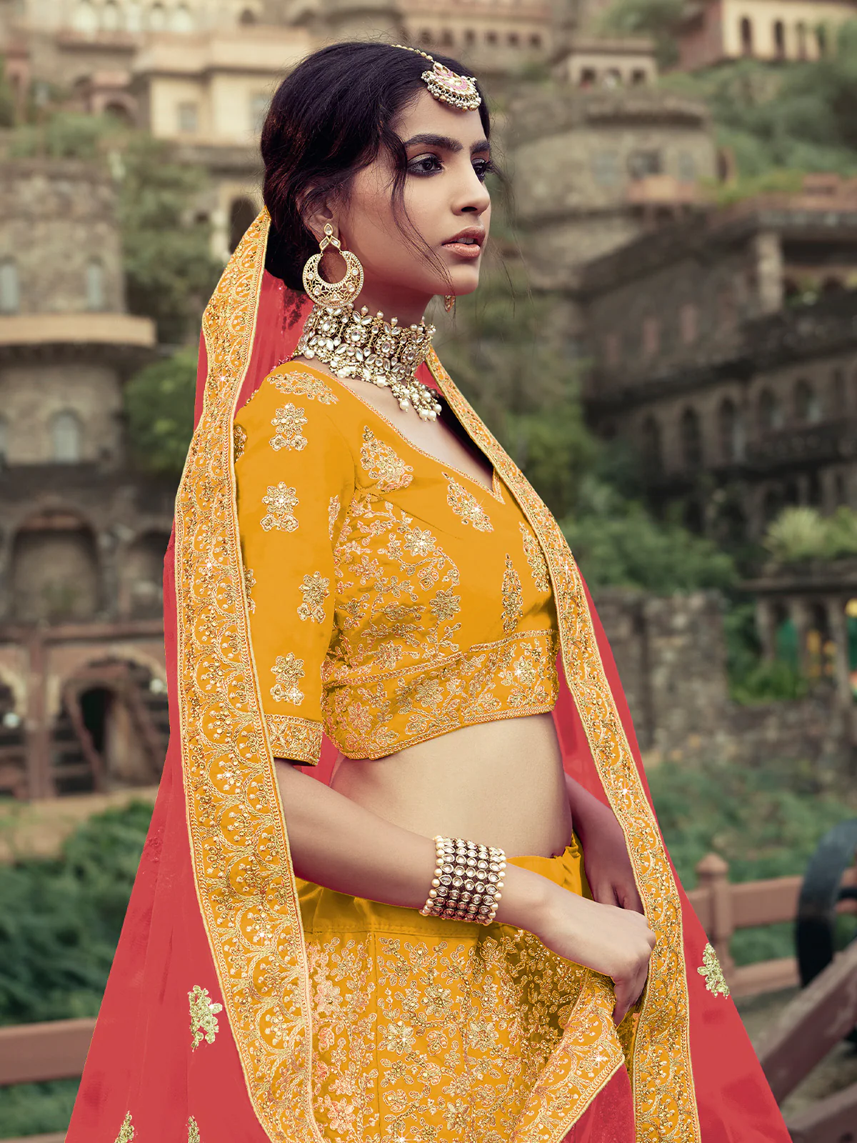 Odette Women Yellow Embroidered Semi Stitched Lehenga With Unstitched Blouse - Image 2