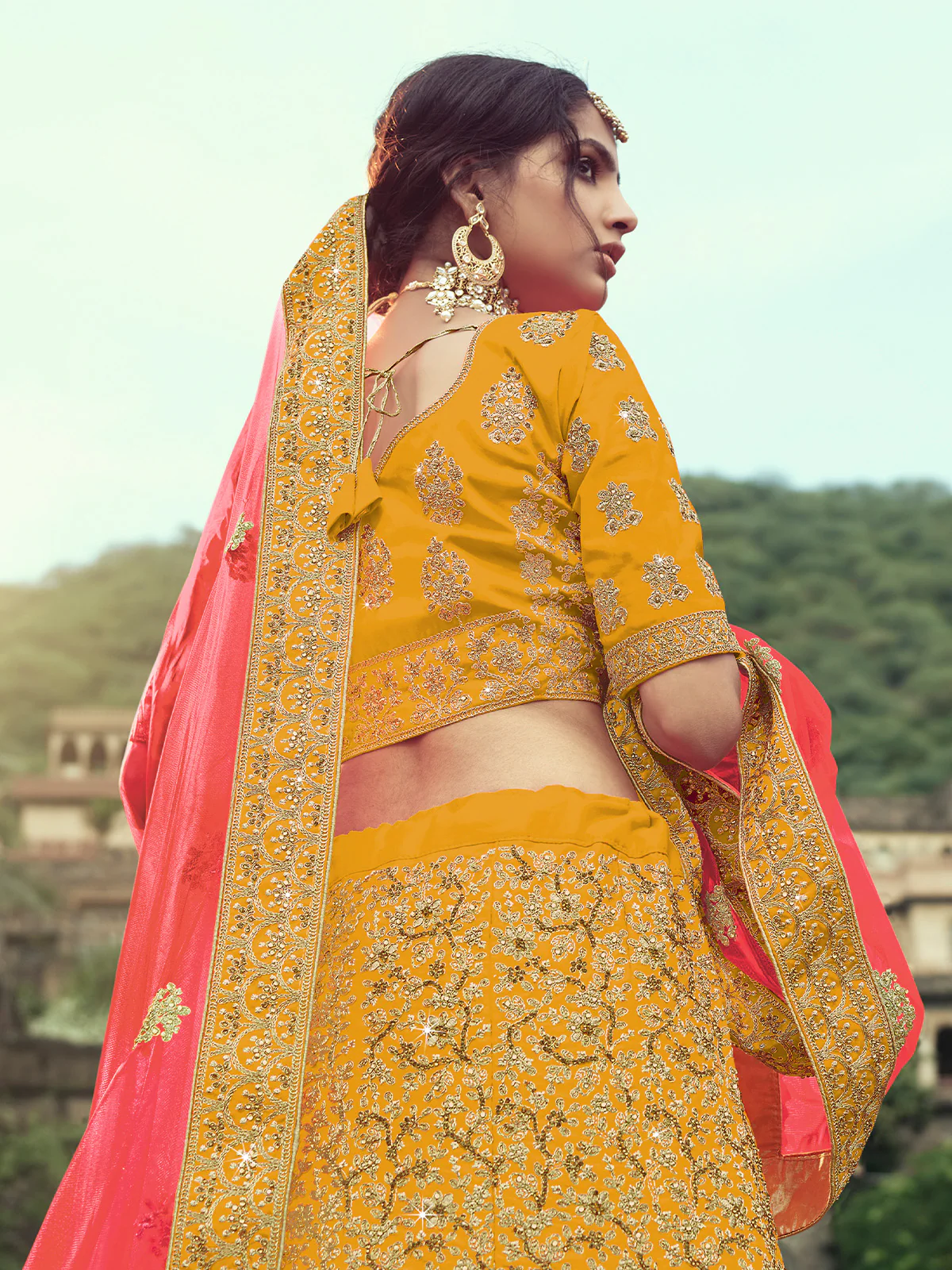 Odette Women Yellow Embroidered Semi Stitched Lehenga With Unstitched Blouse - Image 3