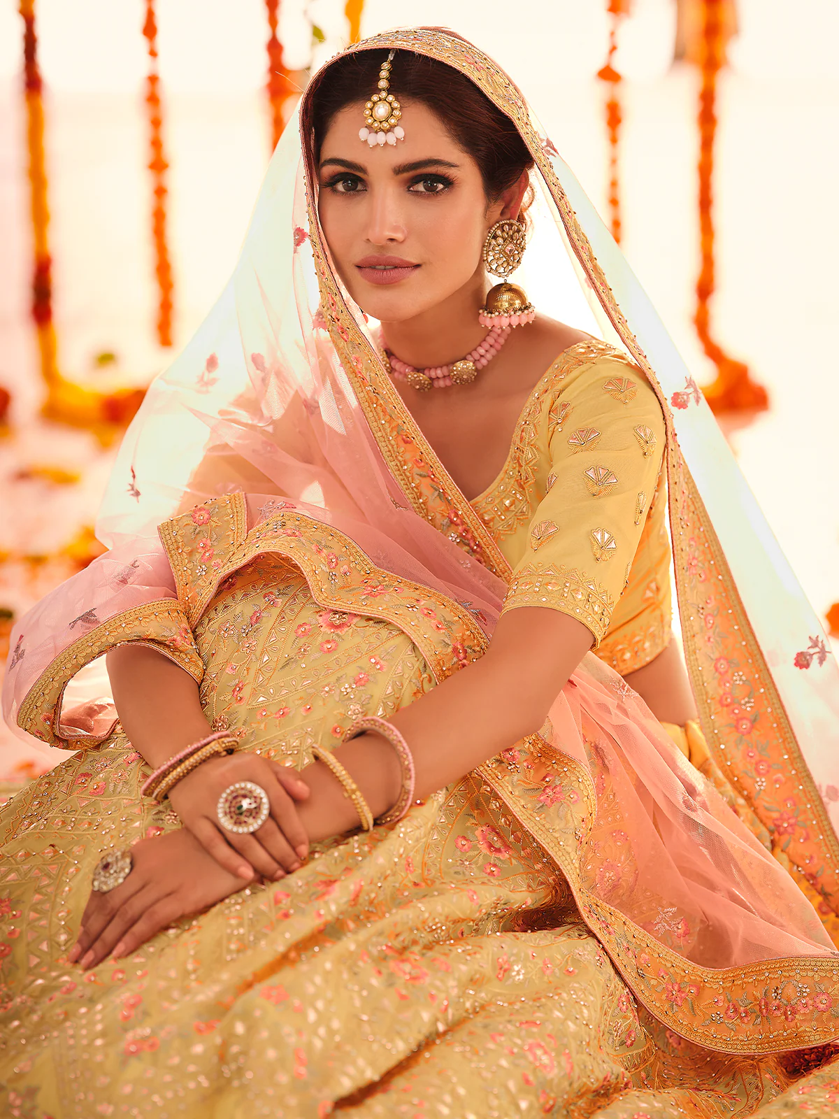 Odette Women Yellow Embroidered Organza Semi Stitched Lehenga With Unstitched Blouse - Image 2