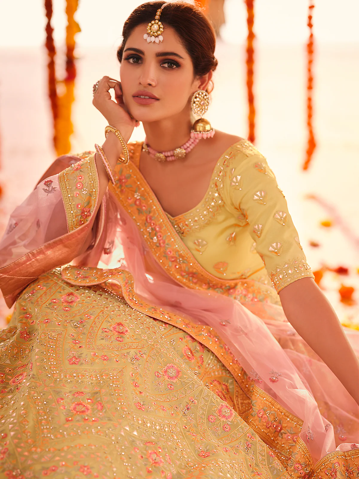 Odette Women Yellow Embroidered Organza Semi Stitched Lehenga With Unstitched Blouse - Image 4
