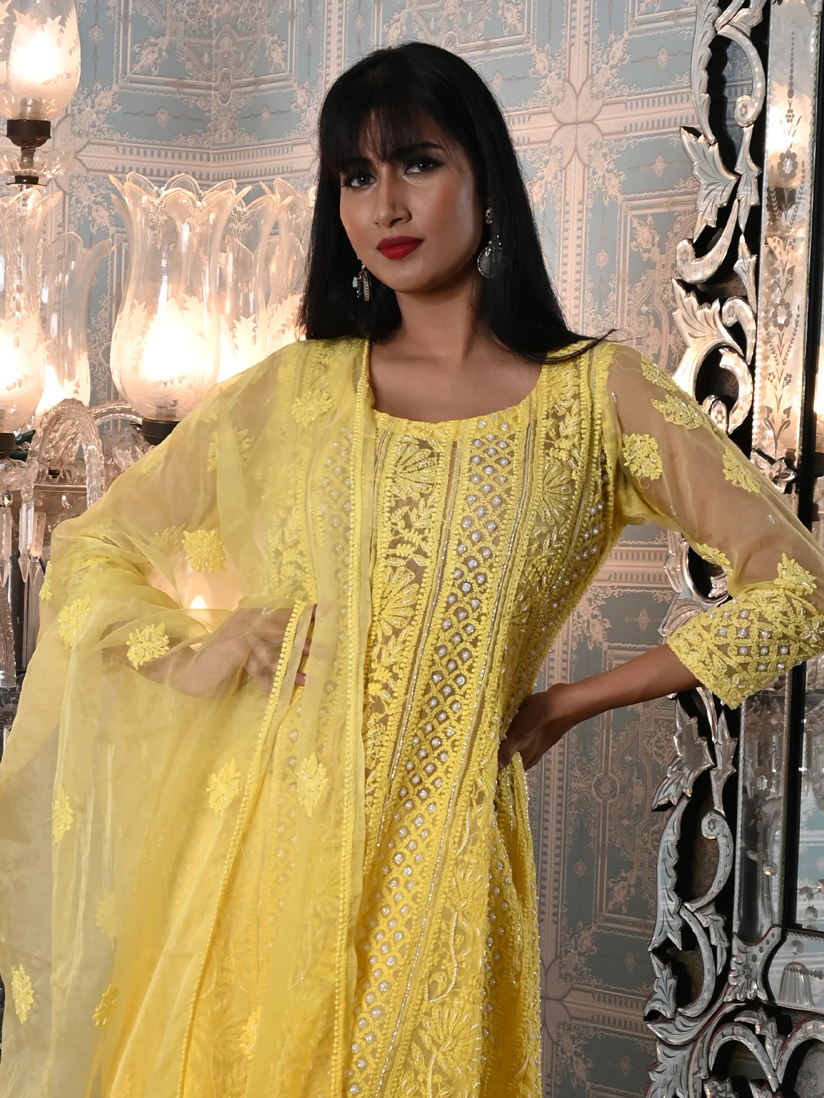 Odette Women Organza Chikankari Beads Embroidered Unstitched Kurta Set - Image 2
