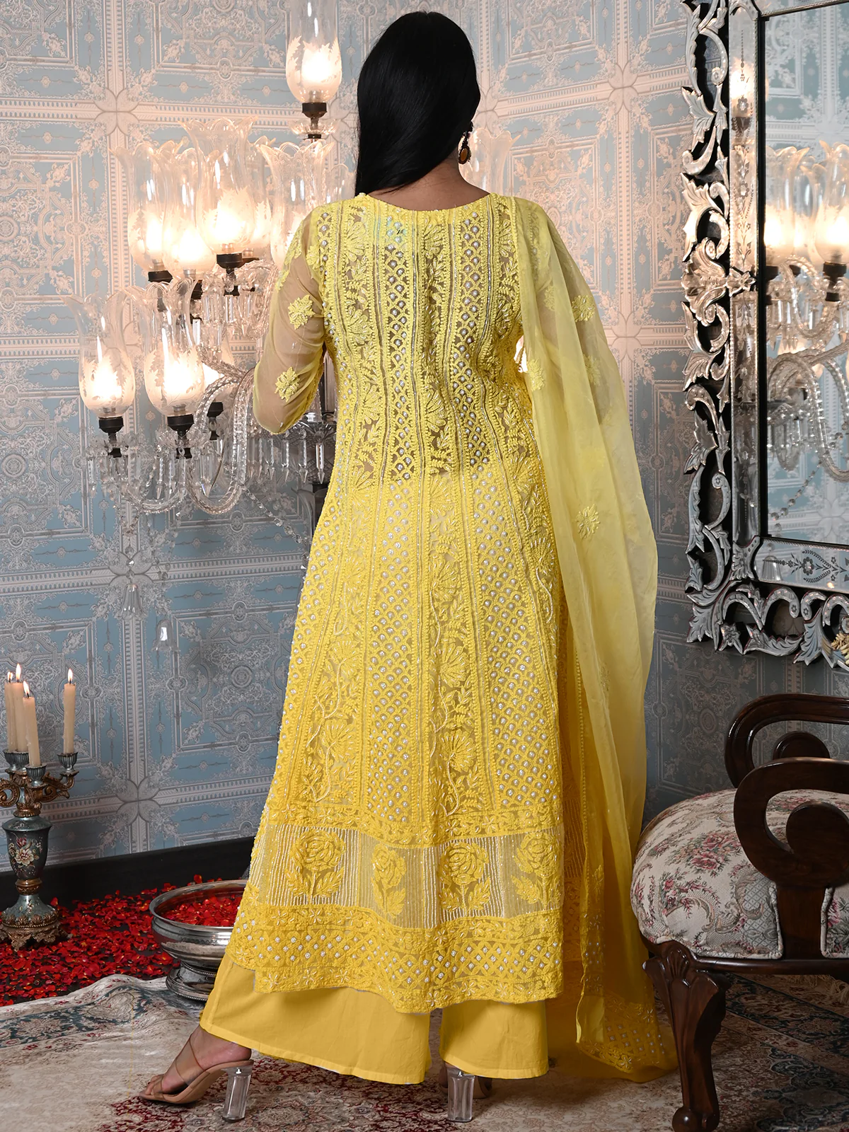 Odette Women Organza Chikankari Beads Embroidered Unstitched Kurta Set - Image 3