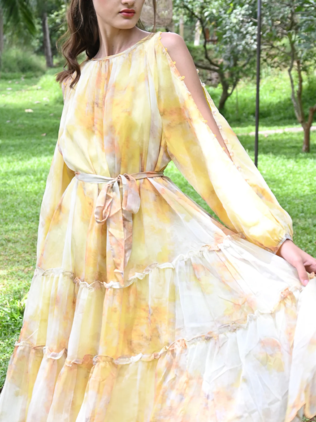 Odette Women Yellow Polyester Chiffon Printed Long Dress - Image 5