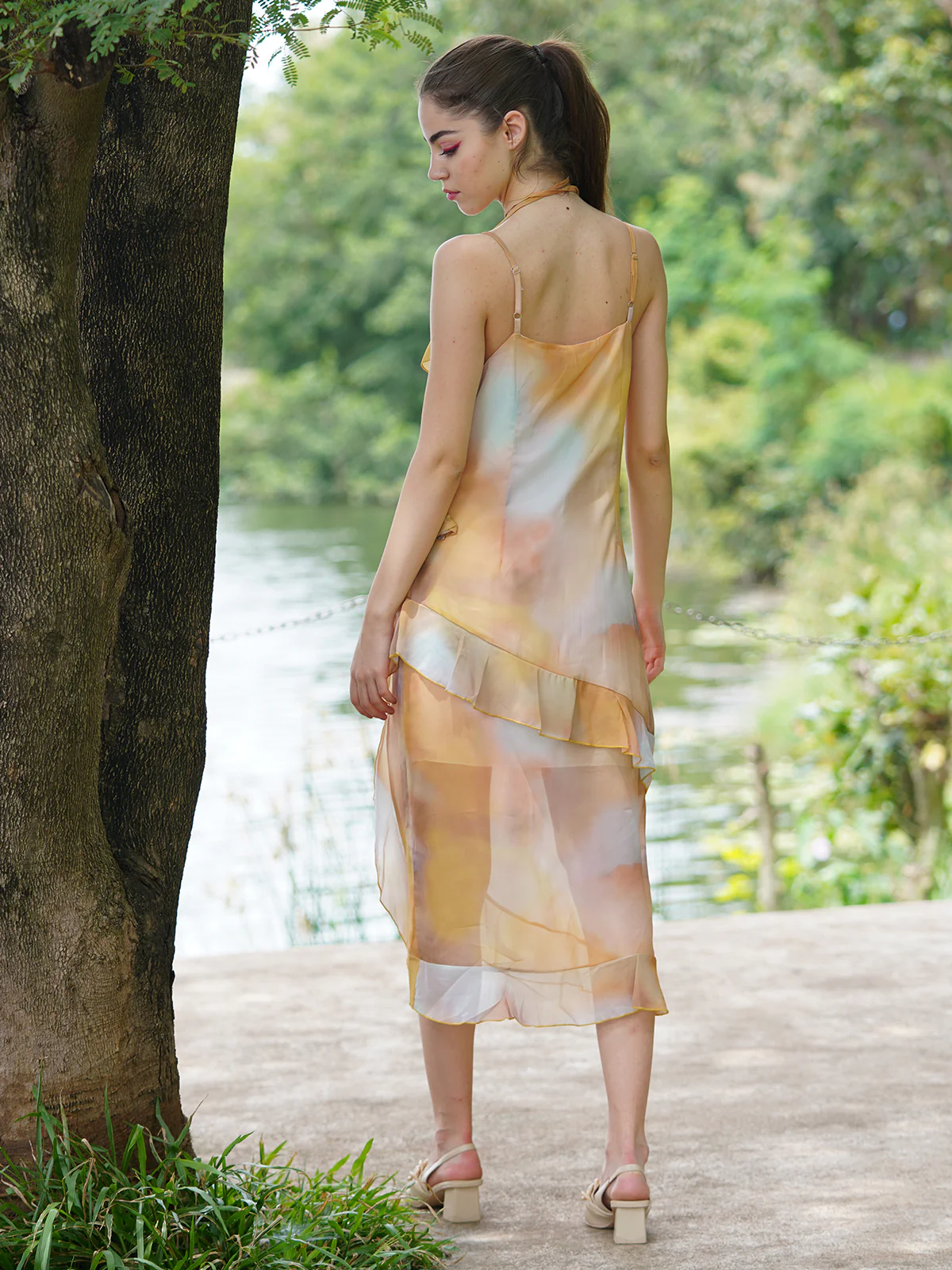 Odette Women Yellow Printed Georgette Frilled Stitched Dress - Image 4