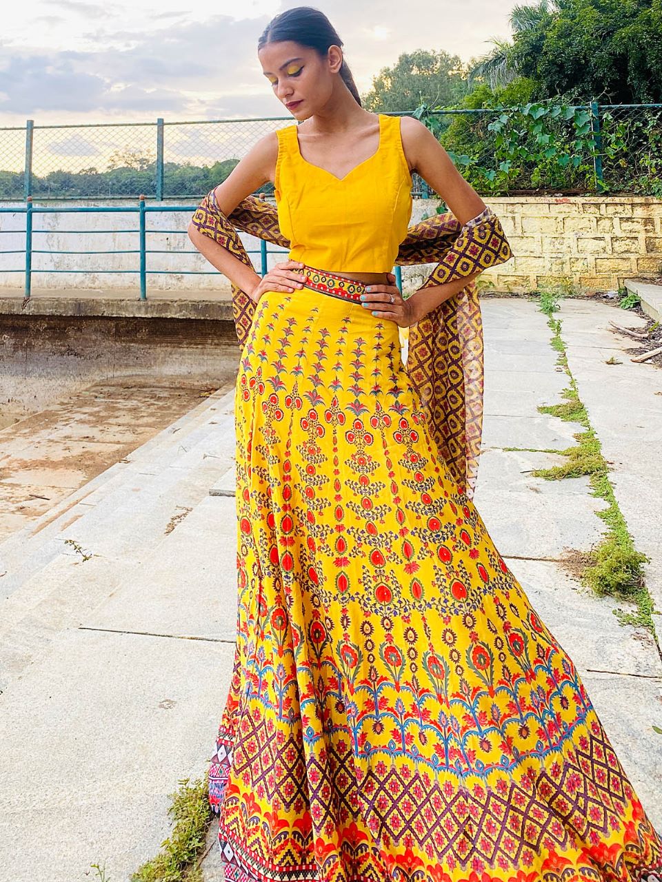 Odette Women Yellow Printed Polyester Stitched Lehenga Choli - Image 2