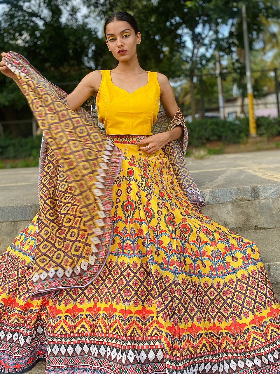 Odette Women Yellow Printed Polyester Stitched Lehenga Choli - Image 6