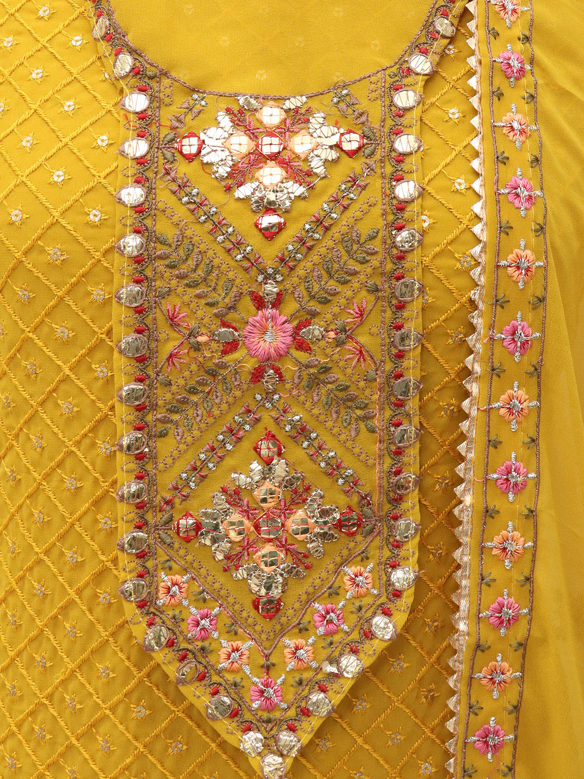 Odette Women Mustard Sequence Embroidered Georgette Salwar Semi Stitched Suit - Image 3