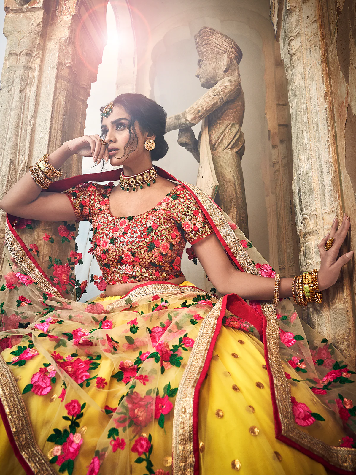 Odette Women Yellow Embroidered Soft Net Semi Stitched Lehenga With Unstitched Blouse - Image 4