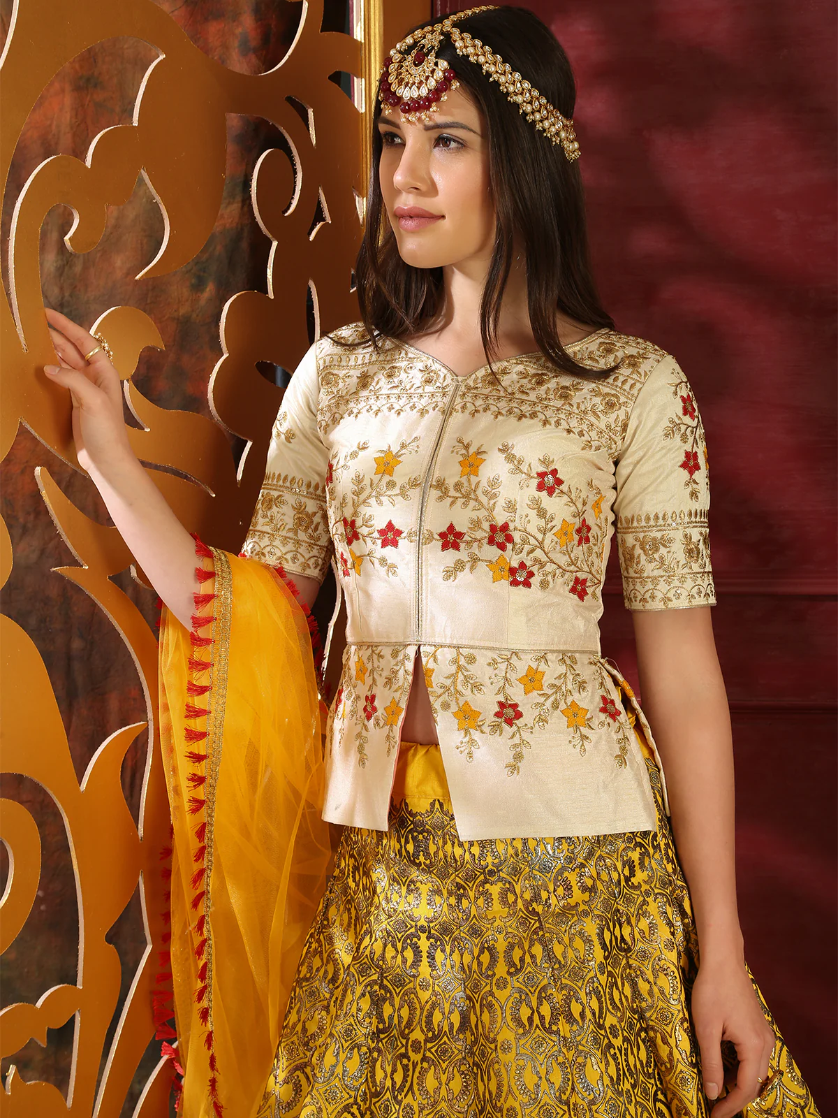 Odette Women Yellow Silk Foil Work Semi Stitched Lehenga With  Unstitched Blouse - Image 4