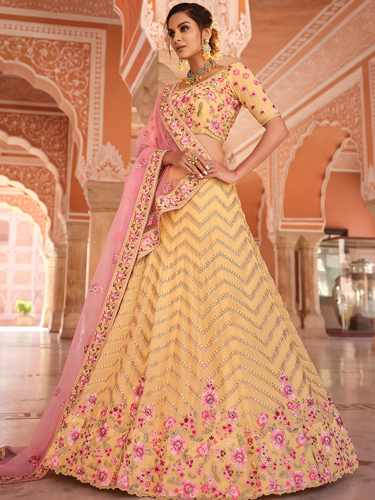 Odette Women Yellow Embroidered Georgette Semi Stitched Lehenga With Unstitched Blouse - Image 2